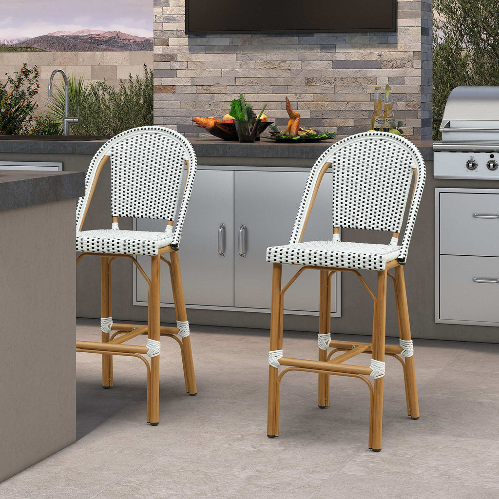 PURPLE LEAF Patio French Counter Stool Set of 2 Outdoor Backrest Barstools Aluminum Frame Woven Rattan for Indoor Kitchen Garden Balcony Restaurant