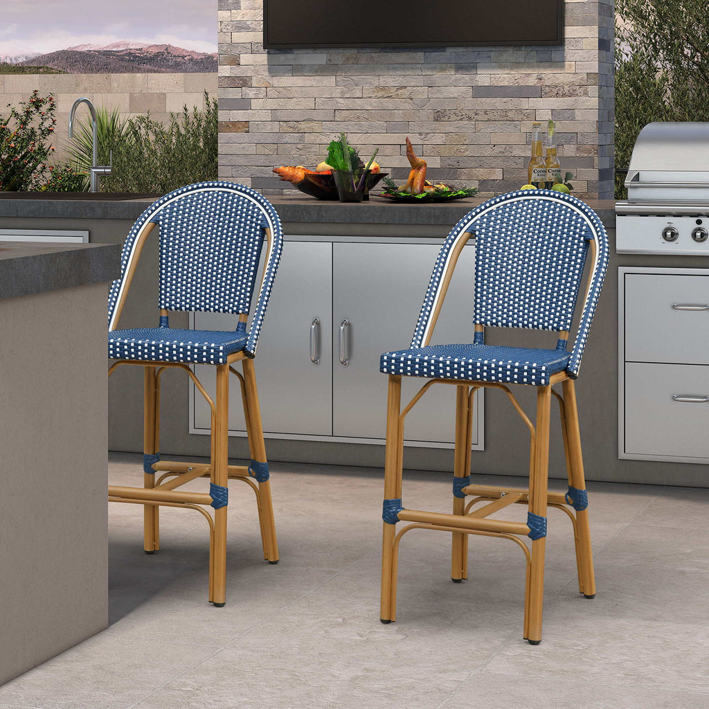 PURPLE LEAF Patio French Counter Stool Set of 2 Outdoor Backrest Barstools Aluminum Frame Woven Rattan for Indoor Kitchen Garden Balcony Restaurant