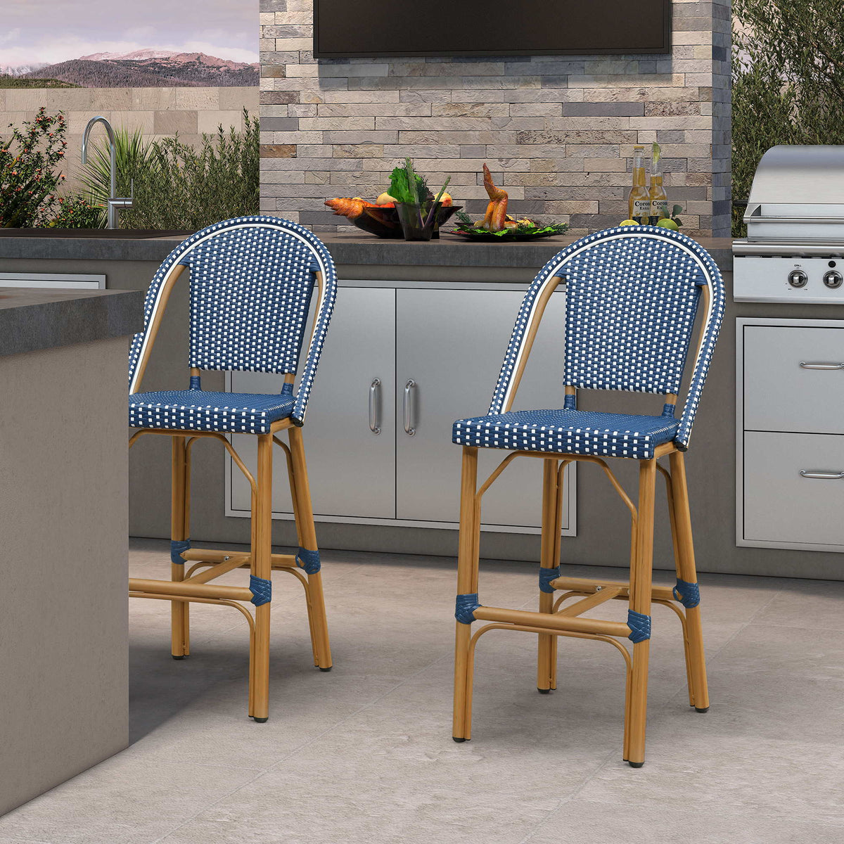 PURPLE LEAF Patio French Counter Stool Set of 2 Outdoor Backrest Barstools Aluminum Frame Woven Rattan for Indoor Kitchen Garden Balcony Restaurant