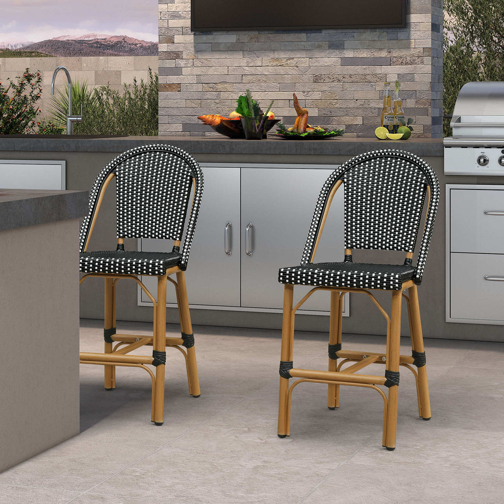 PURPLE LEAF Patio French Counter Stool Set of 2 Outdoor Backrest Barstools Aluminum Frame Woven Rattan for Indoor Kitchen Garden Balcony Restaurant