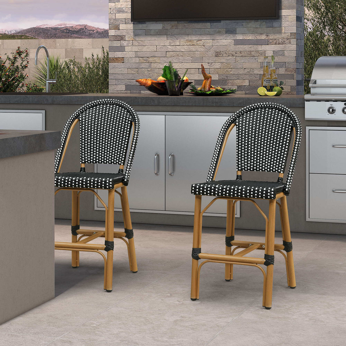 PURPLE LEAF Patio French Counter Stool Set of 2 Outdoor Backrest Barstools Aluminum Frame Woven Rattan for Indoor Kitchen Garden Balcony Restaurant