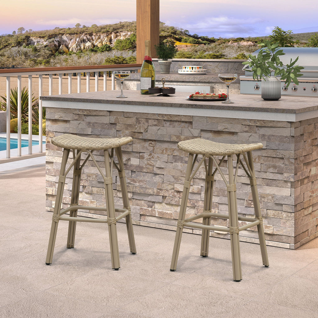 PURPLE LEAF Outdoor Bar Stools Set of 2 Backless Rattan Barstools with Saddle Seat and Footrest All Weather Aluminum Bar Chairs for Patio Kitchen Island Pool Balcony
