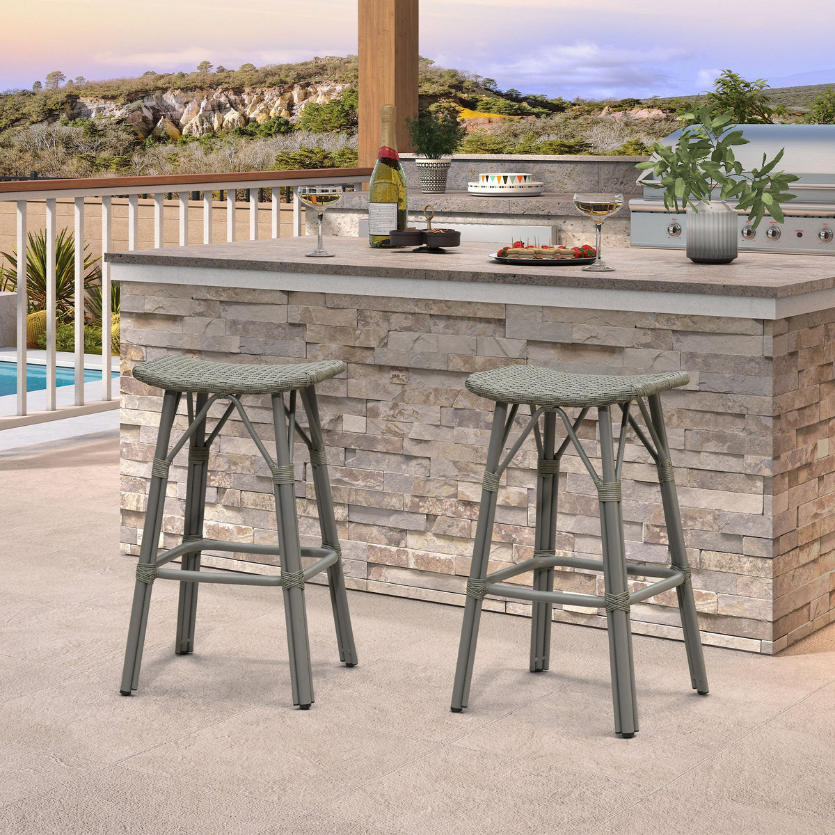 PURPLE LEAF Outdoor Bar Stools Set of 2 Backless Rattan Barstools with Saddle Seat and Footrest All Weather Aluminum Bar Chairs for Patio Kitchen Island Pool Balcony