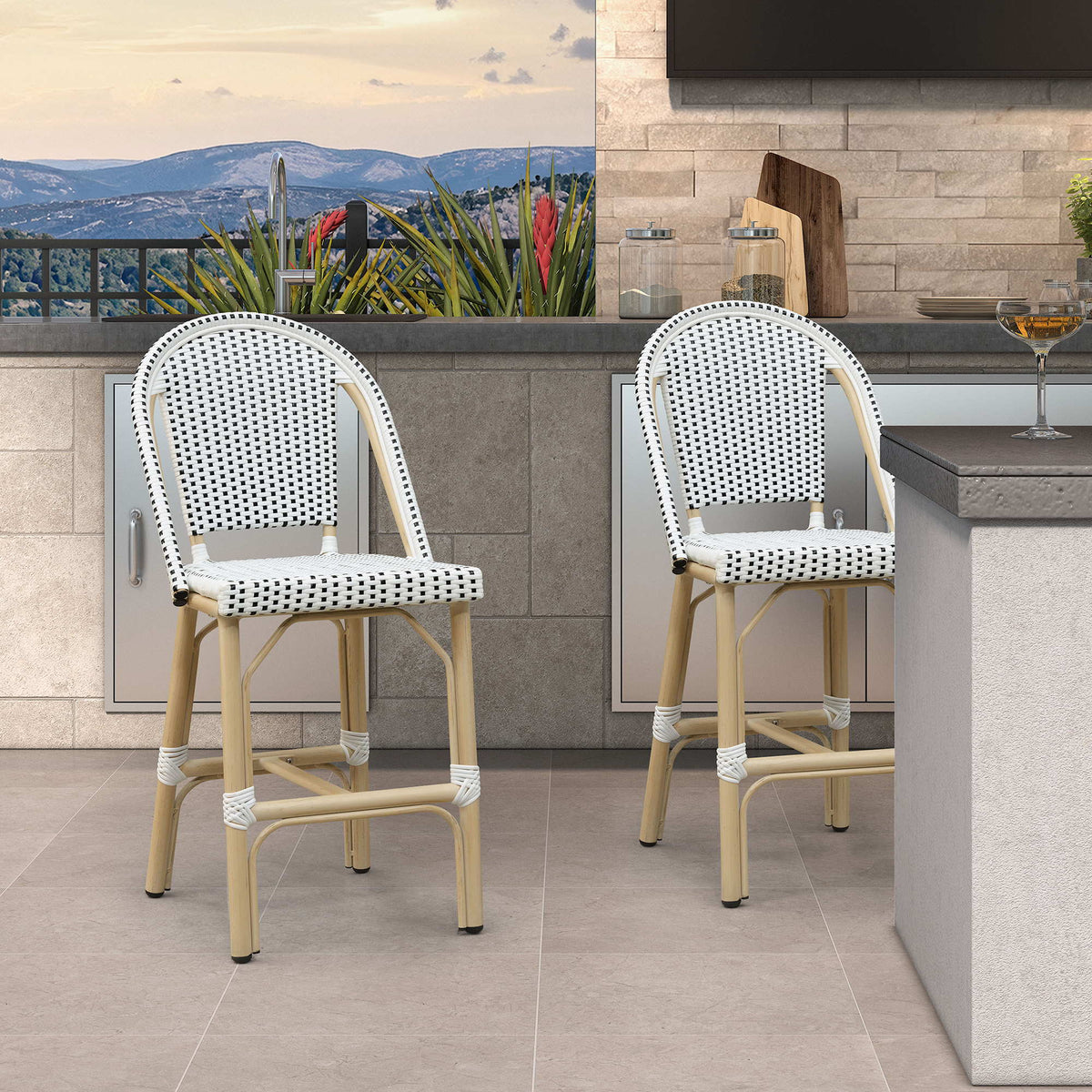 PURPLE LEAF Patio French Counter Stool Set of 2 Outdoor Backrest Barstools Aluminum Frame Woven Rattan for Indoor Kitchen Garden Balcony Restaurant