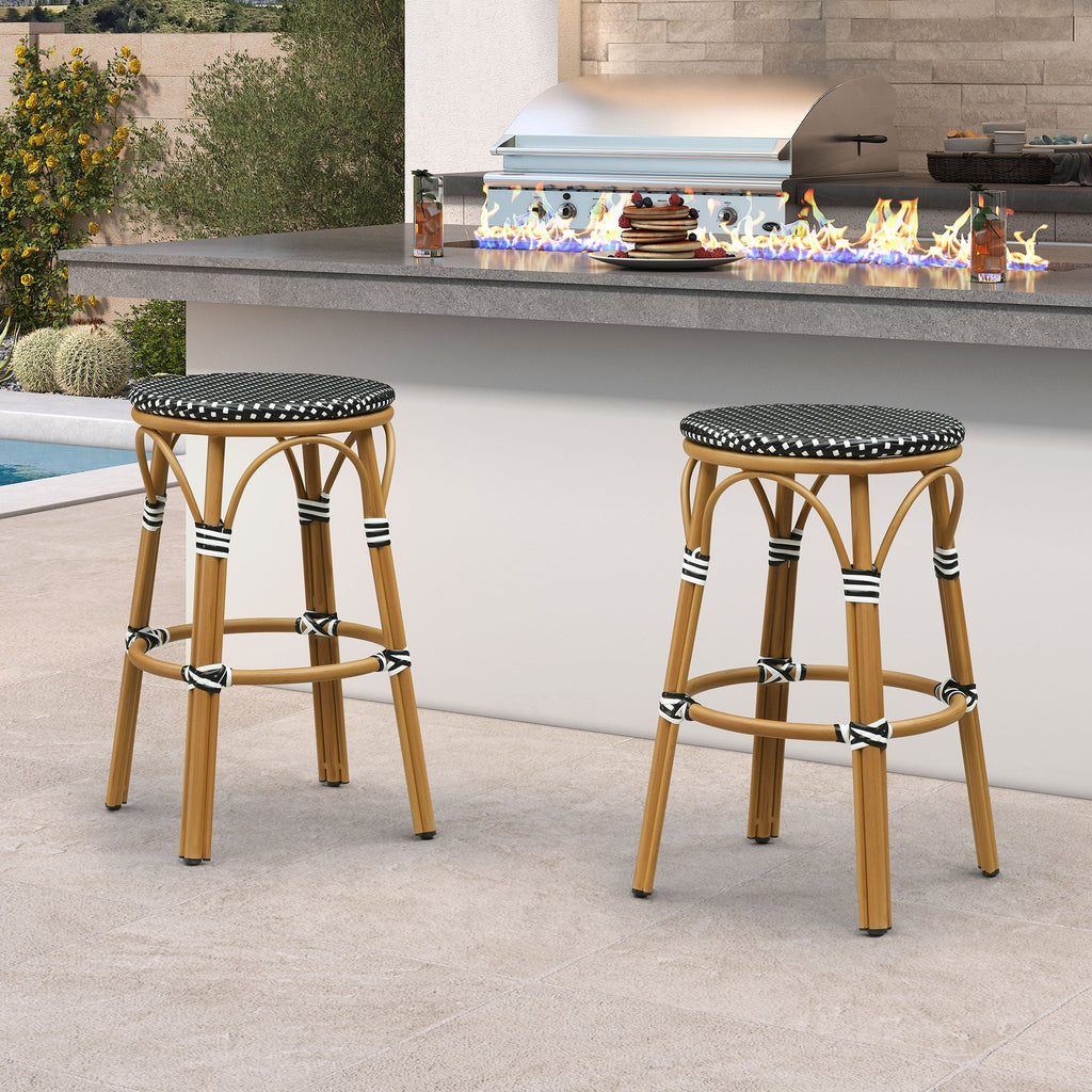 PURPLE LEAF Patio French Round Counter Stool Set of 2 Rattan Backless Stackable Barstools Aluminum Frame Footrest with Woven Wicker for Outdoor Kitchen Yard