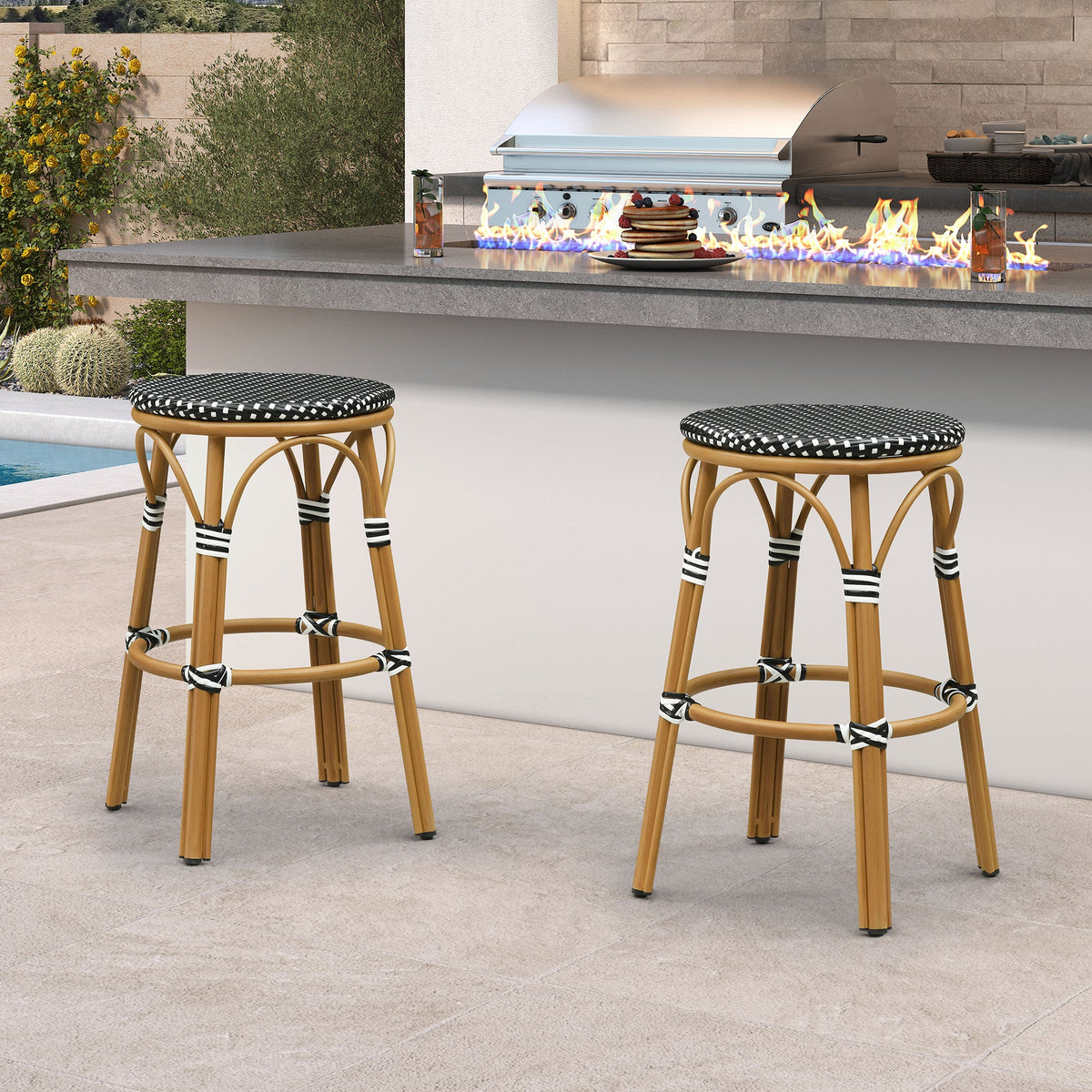 PURPLE LEAF Patio French Round Counter Stool Set of 2 Rattan Backless Stackable Barstools Aluminum Frame Footrest with Woven Wicker for Outdoor Kitchen Yard