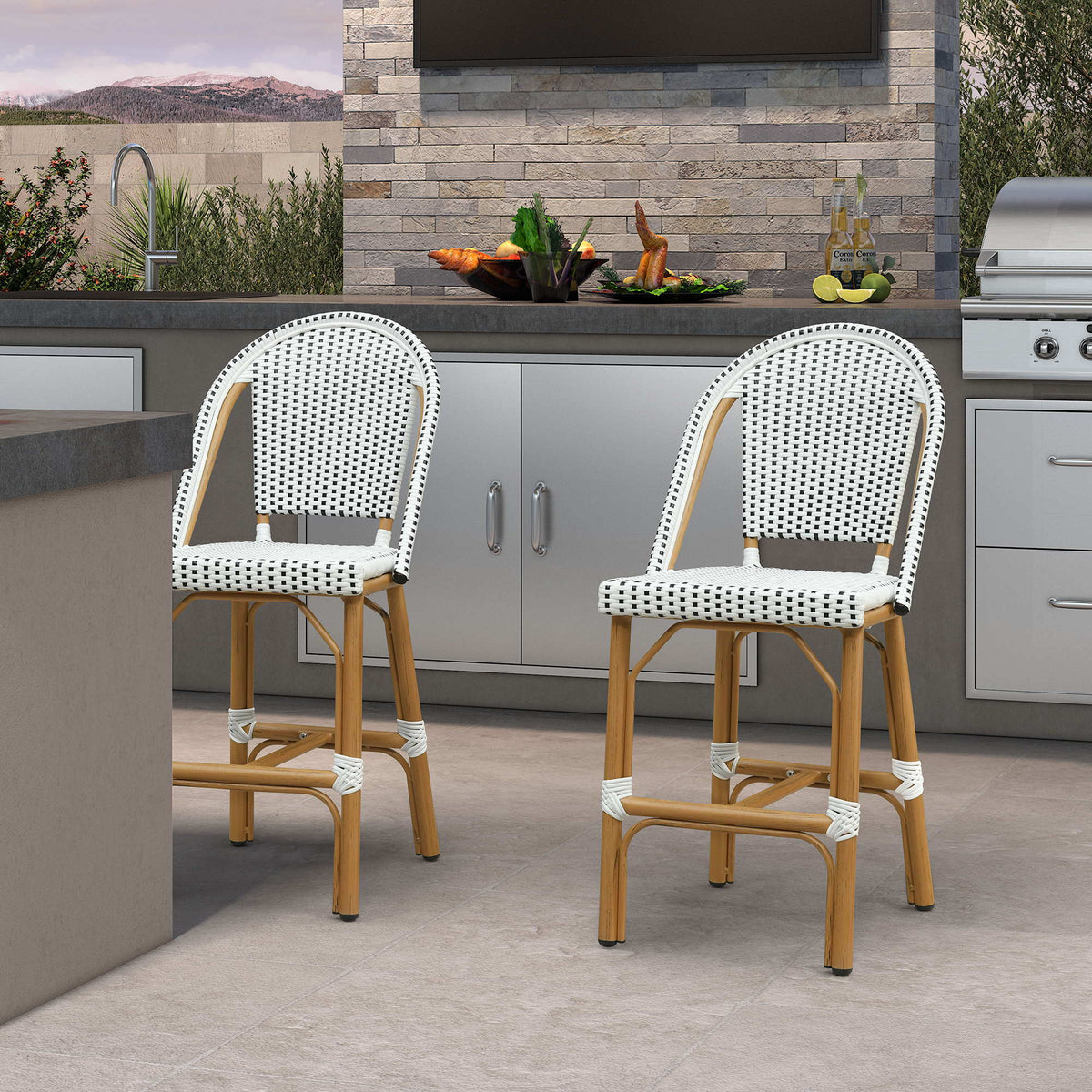 PURPLE LEAF Patio French Counter Stool Set of 2 Outdoor Backrest Barstools Aluminum Frame Woven Rattan for Indoor Kitchen Garden Balcony Restaurant
