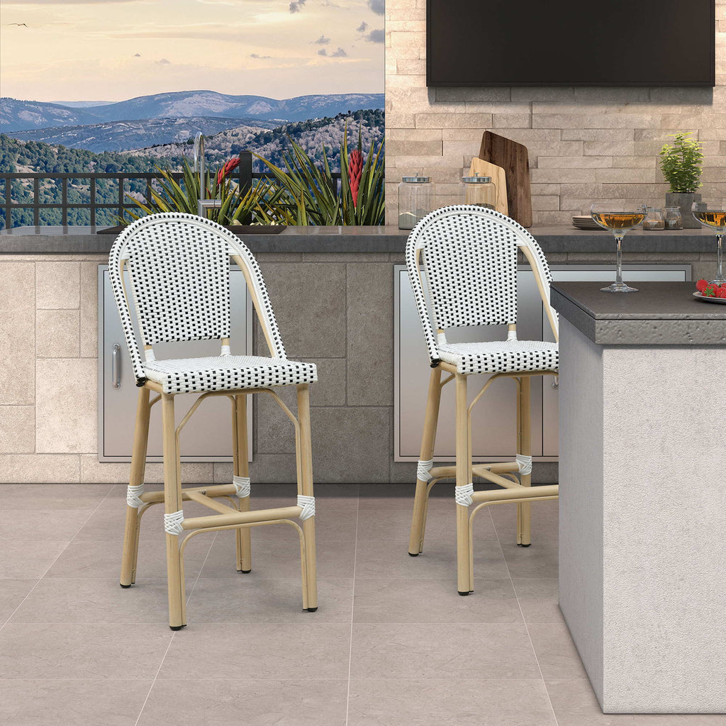 PURPLE LEAF Patio French Counter Stool Set of 2 Outdoor Backrest Barstools Aluminum Frame Woven Rattan for Indoor Kitchen Garden Balcony Restaurant