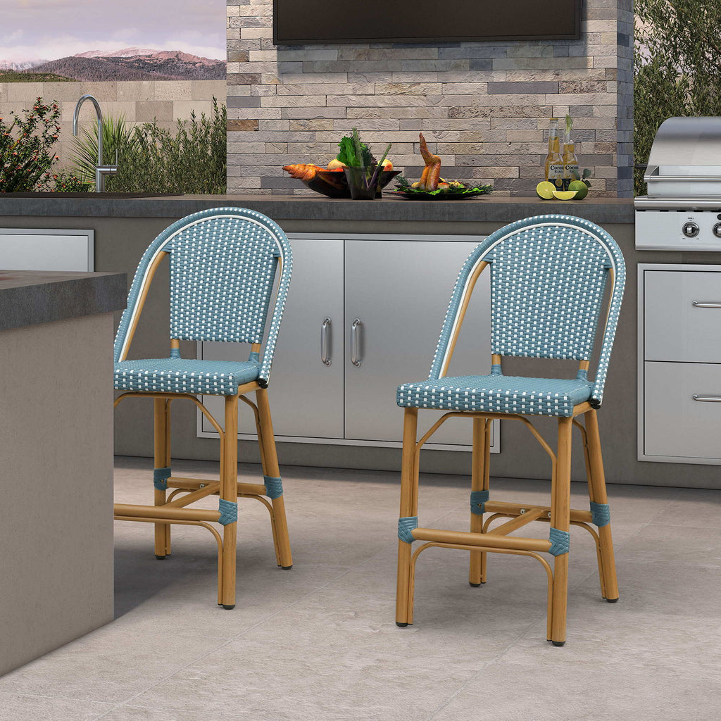 PURPLE LEAF Patio French Counter Stool Set of 2 Outdoor Backrest Barstools Aluminum Frame Woven Rattan for Indoor Kitchen Garden Balcony Restaurant