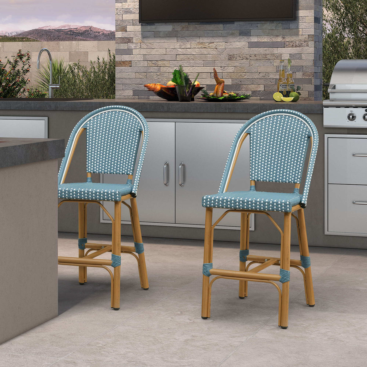 PURPLE LEAF Patio French Counter Stool Set of 2 Outdoor Backrest Barstools Aluminum Frame Woven Rattan for Indoor Kitchen Garden Balcony Restaurant
