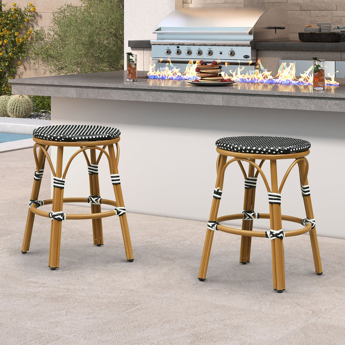 PURPLE LEAF Patio French Round Counter Stool Set of 2 Rattan Backless Stackable Barstools Aluminum Frame Footrest with Woven Wicker for Outdoor Kitchen Yard