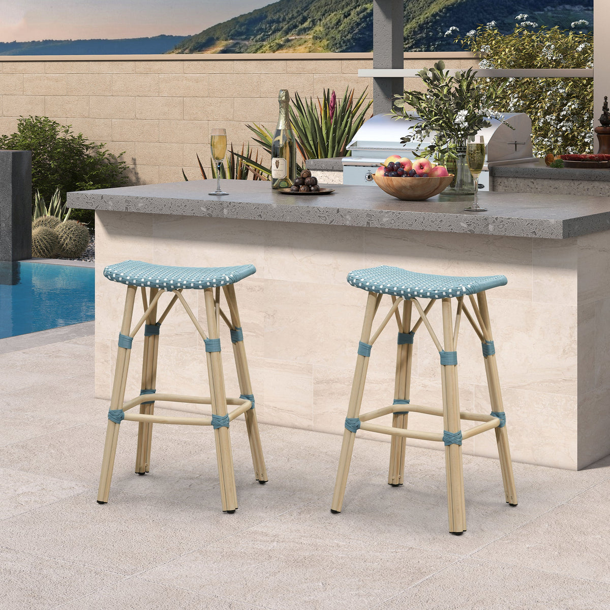 PURPLE LEAF Outdoor Bar Stools Set of 2 Backless Rattan Barstools with Saddle Seat and Footrest All Weather Aluminum Bar Chairs for Patio Kitchen Island Pool Balcony