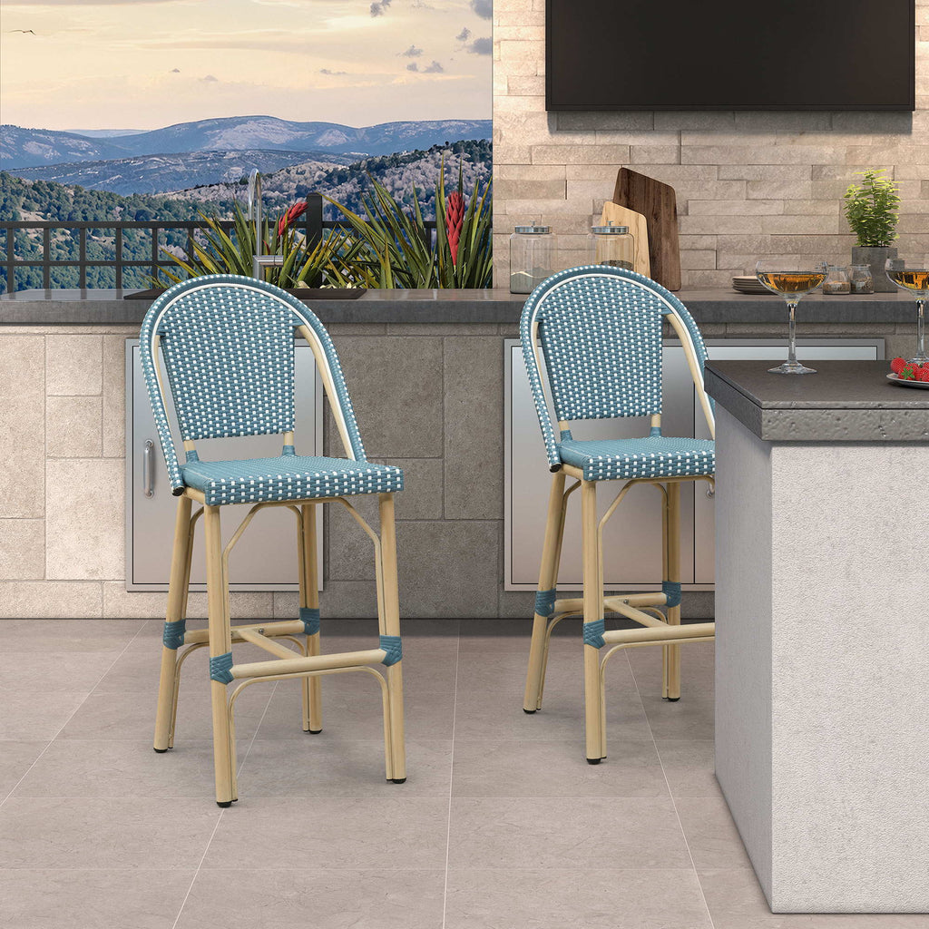 PURPLE LEAF Patio French Counter Stool Set of 2 Outdoor Backrest Barstools Aluminum Frame Woven Rattan for Indoor Kitchen Garden Balcony Restaurant