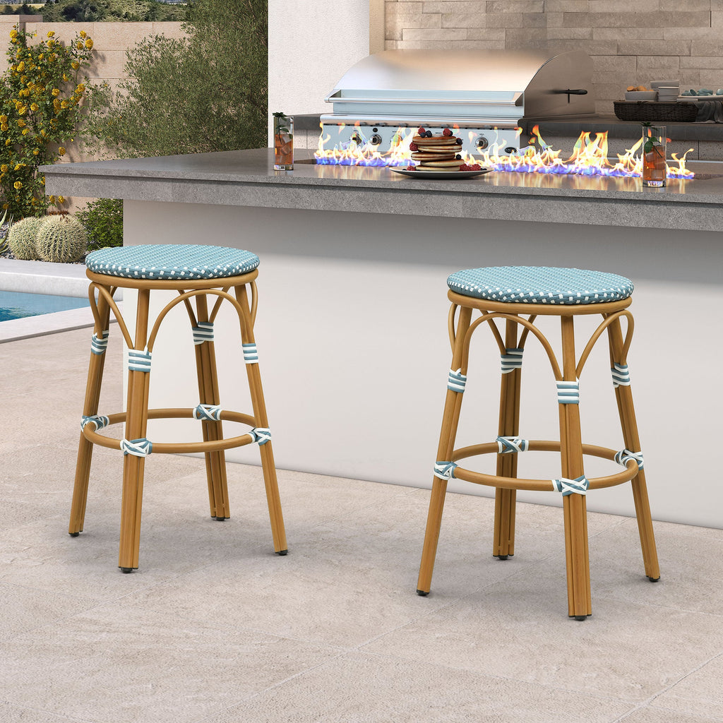 PURPLE LEAF Patio French Round Counter Stool Set of 2 Rattan Backless Stackable Barstools Aluminum Frame Footrest with Woven Wicker for Outdoor Kitchen Yard