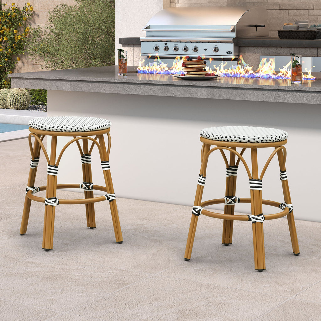 PURPLE LEAF Patio French Round Counter Stool Set of 2 Rattan Backless Stackable Barstools Aluminum Frame Footrest with Woven Wicker for Outdoor Kitchen Yard