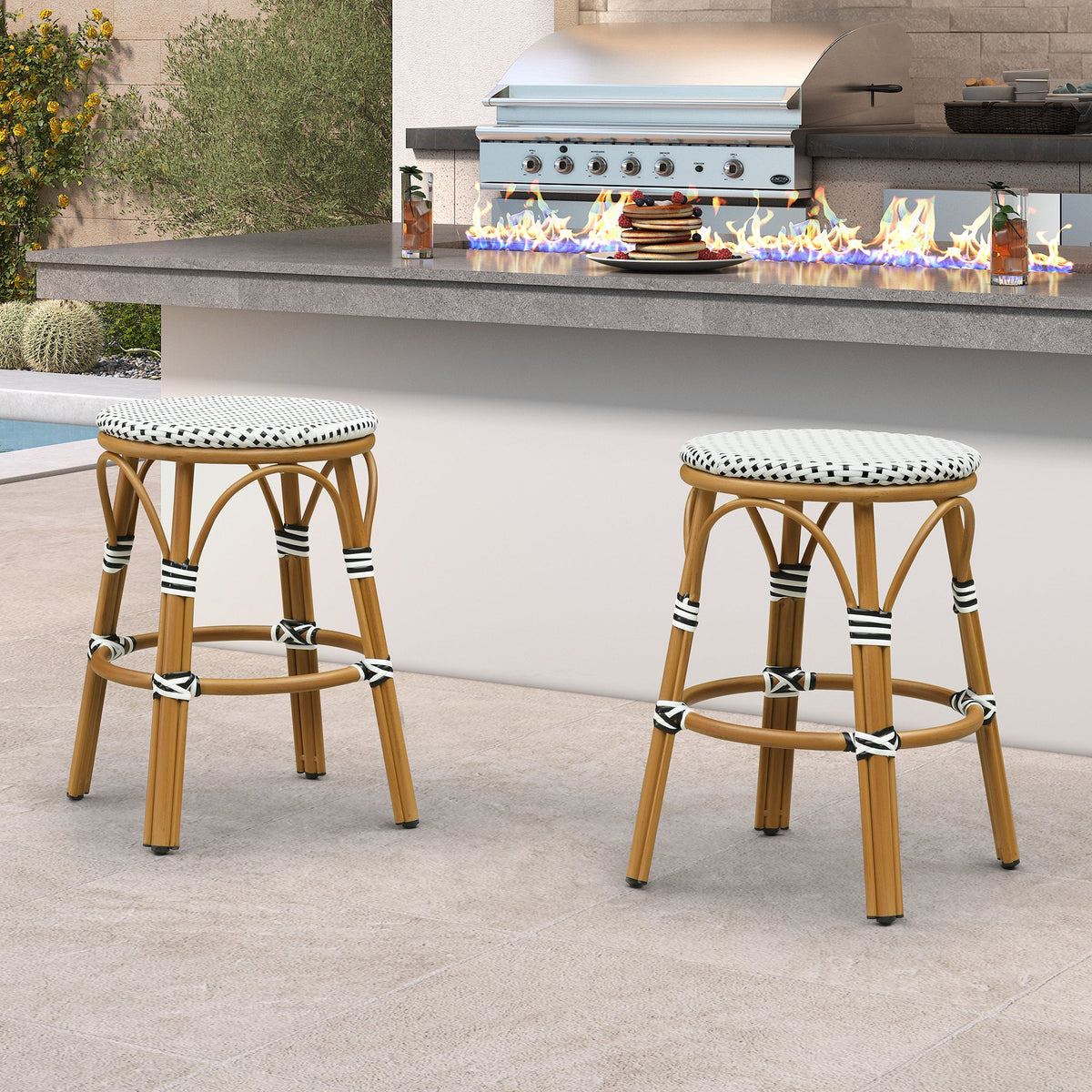 PURPLE LEAF Patio French Round Counter Stool Set of 2 Rattan Backless Stackable Barstools Aluminum Frame Footrest with Woven Wicker for Outdoor Kitchen Yard