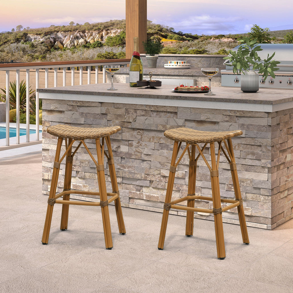 PURPLE LEAF Outdoor Bar Stools Set of 2 Backless Rattan Barstools with Saddle Seat and Footrest All Weather Aluminum Bar Chairs for Patio Kitchen Island Pool Balcony
