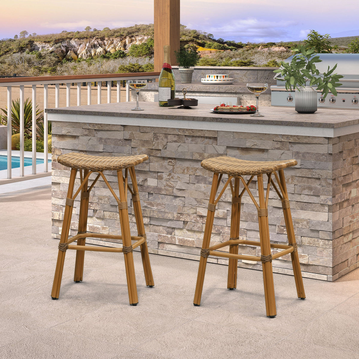 PURPLE LEAF Outdoor Bar Stools Set of 2 Backless Rattan Barstools with Saddle Seat and Footrest All Weather Aluminum Bar Chairs for Patio Kitchen Island Pool Balcony