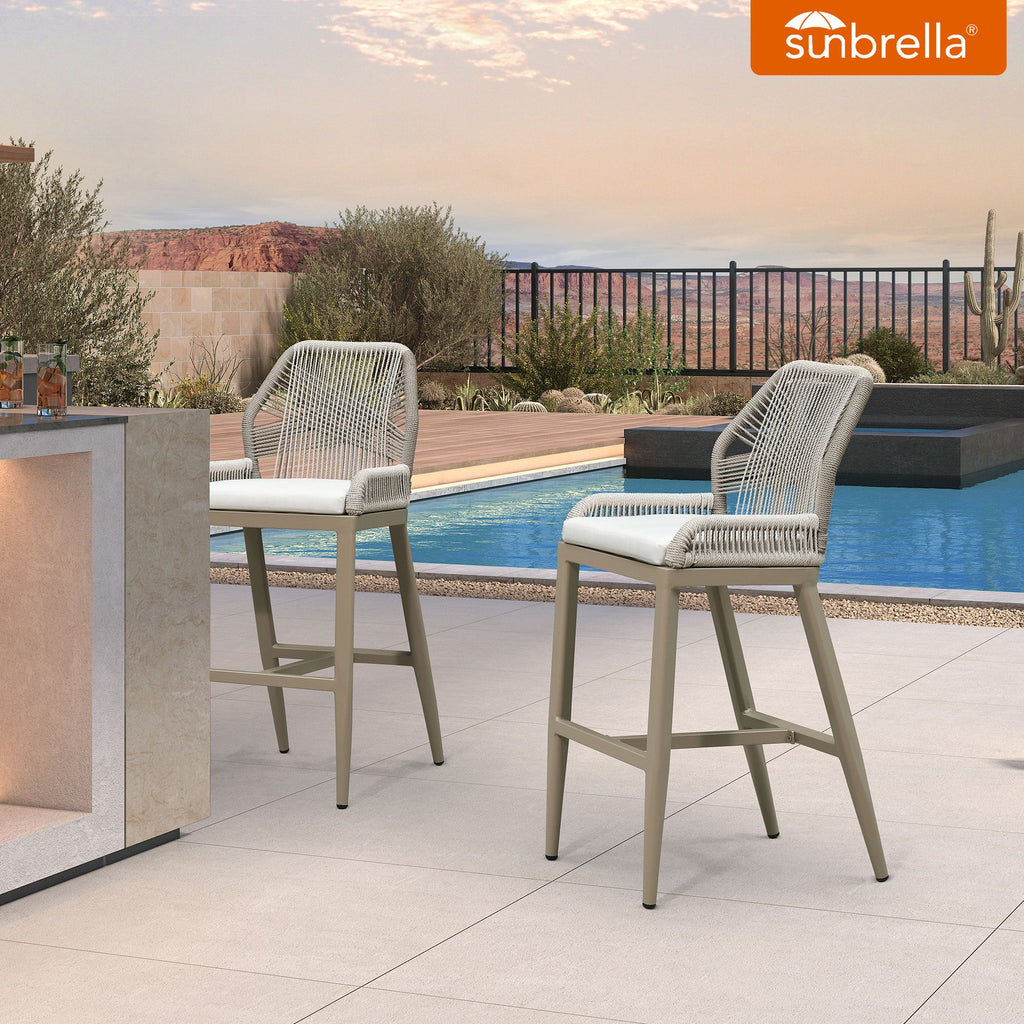PURPLE LEAF Patio Sunbrella Bar Stools Set of 2  Rattan Bar Aluminum Bar Stool Outdoor Barstools with Back and Cushion for Garden Kitchen Island