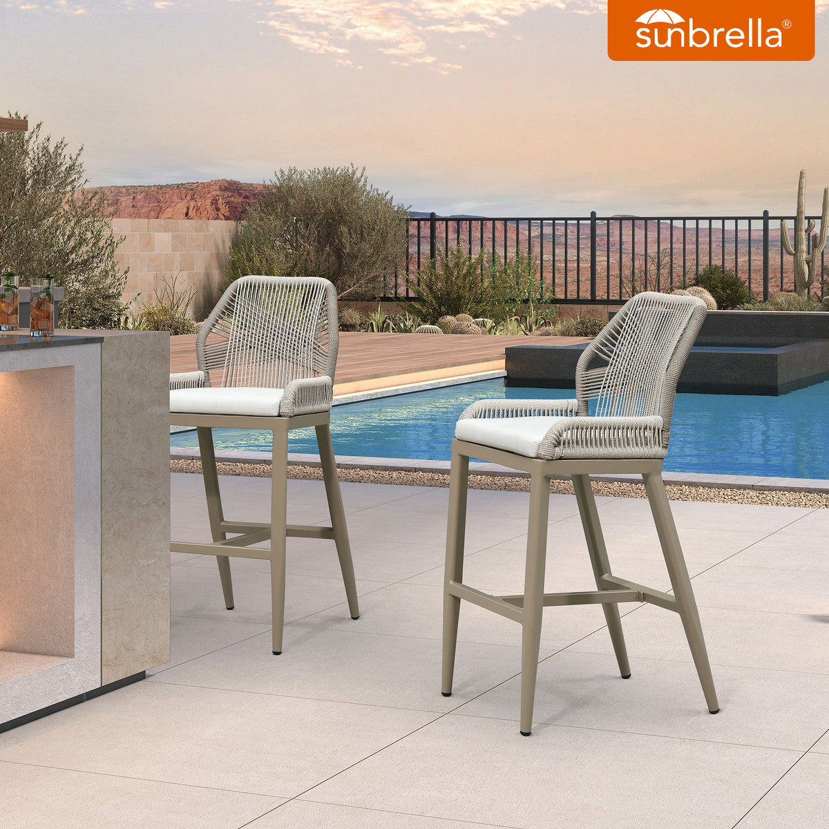 PURPLE LEAF Patio Sunbrella Bar Stools Set of 2  Rattan Bar Aluminum Bar Stool Outdoor Barstools with Back and Cushion for Garden Kitchen Island