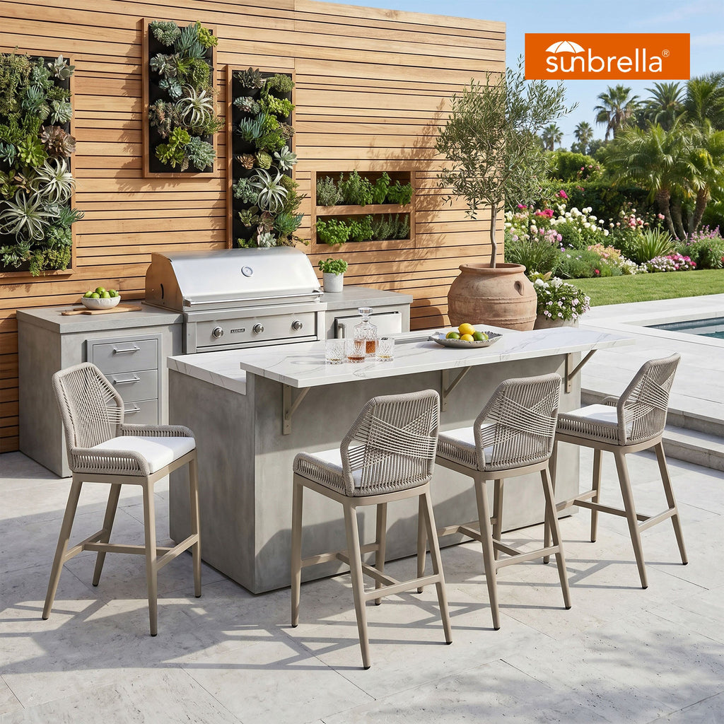 PURPLE LEAF Patio Sunbrella Bar Stools Set of 2  Rattan Bar Aluminum Bar Stool Outdoor Barstools with Back and Cushion for Garden Kitchen Island