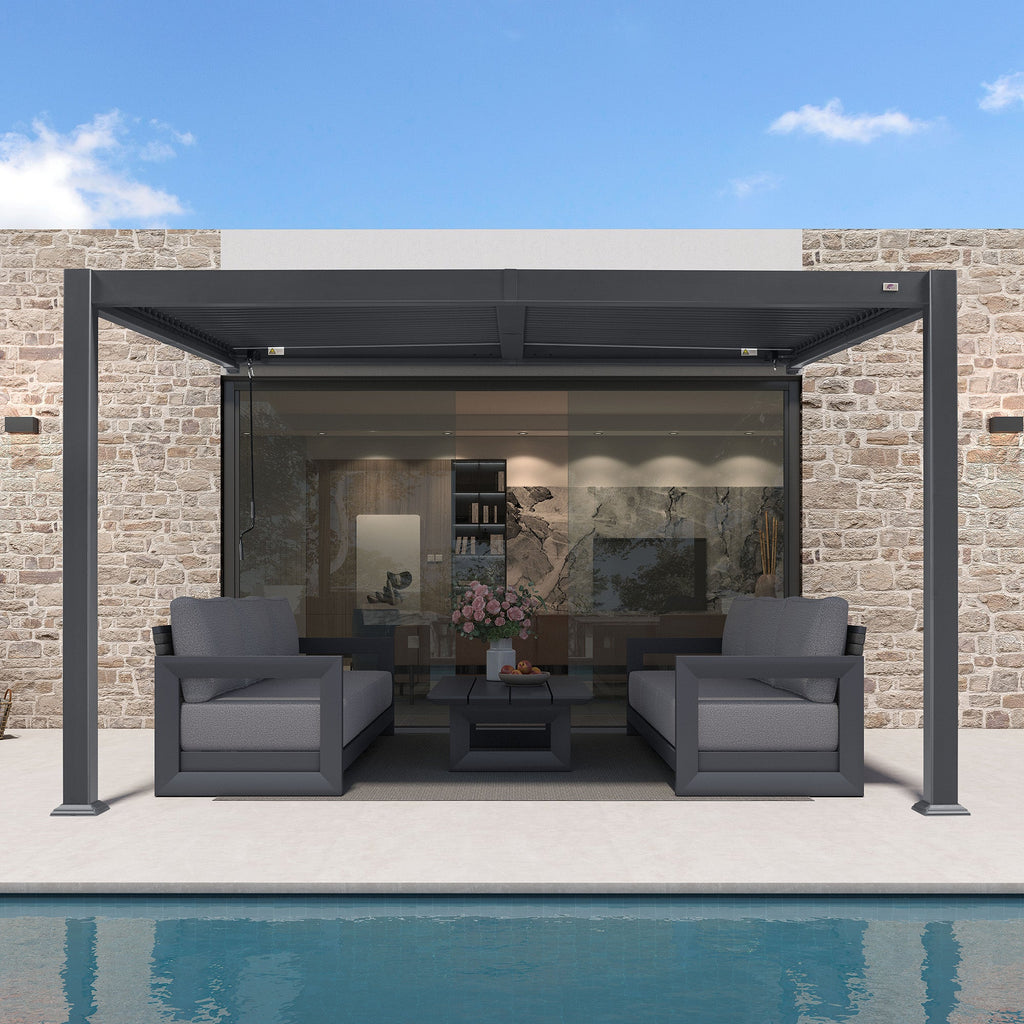PURPLE LEAF Caesar Wall Mounted Louvered Pergola, All-Aluminum Patio Cover with Adjustable Roof, Hidden Gutter Drainage, Lean-to Pergola for Deck, Backyard, Porch, Dark Gray