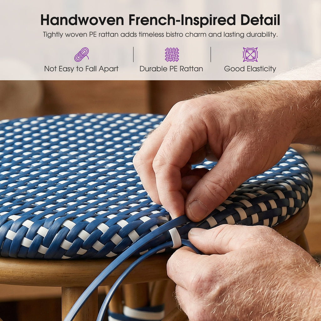 PURPLE LEAF Patio French Round Counter Stool Set of 2 Rattan Backless Stackable Barstools Aluminum Frame Footrest with Woven Wicker for Outdoor Kitchen Yard