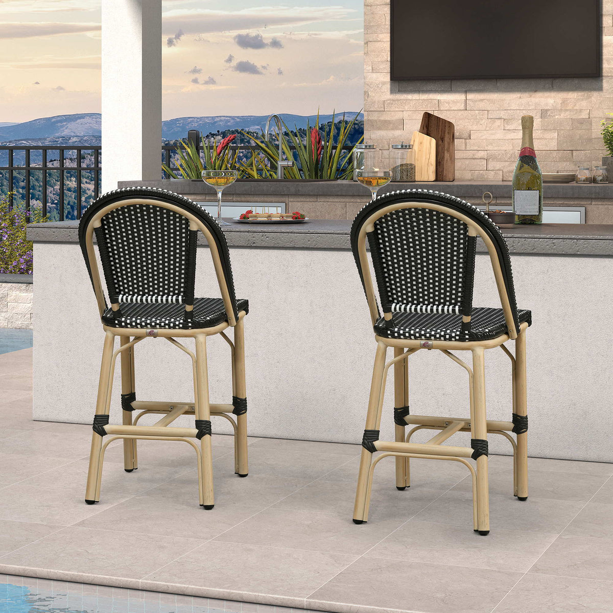 PURPLE LEAF Patio French Counter Stool Set of 2 Outdoor Backrest Barstools Aluminum Frame Woven Rattan for Indoor Kitchen Garden Balcony Restaurant
