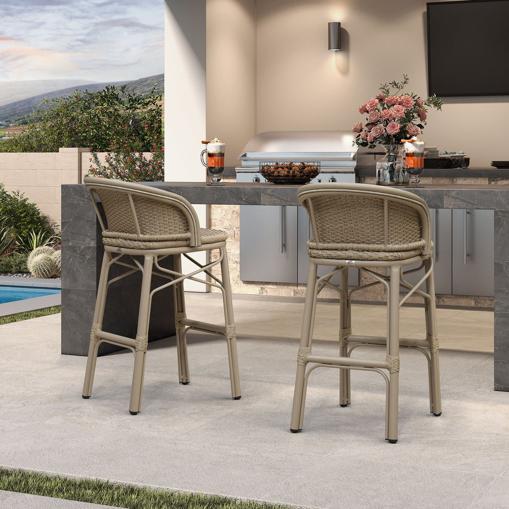 PURPLE LEAF Outdoor Bar Stools Set of 2 Rattan Patio Tall Bar Chairs Aluminum Frame with Back Barstools for Kitchen Garden Backyard Bistros Restaurant