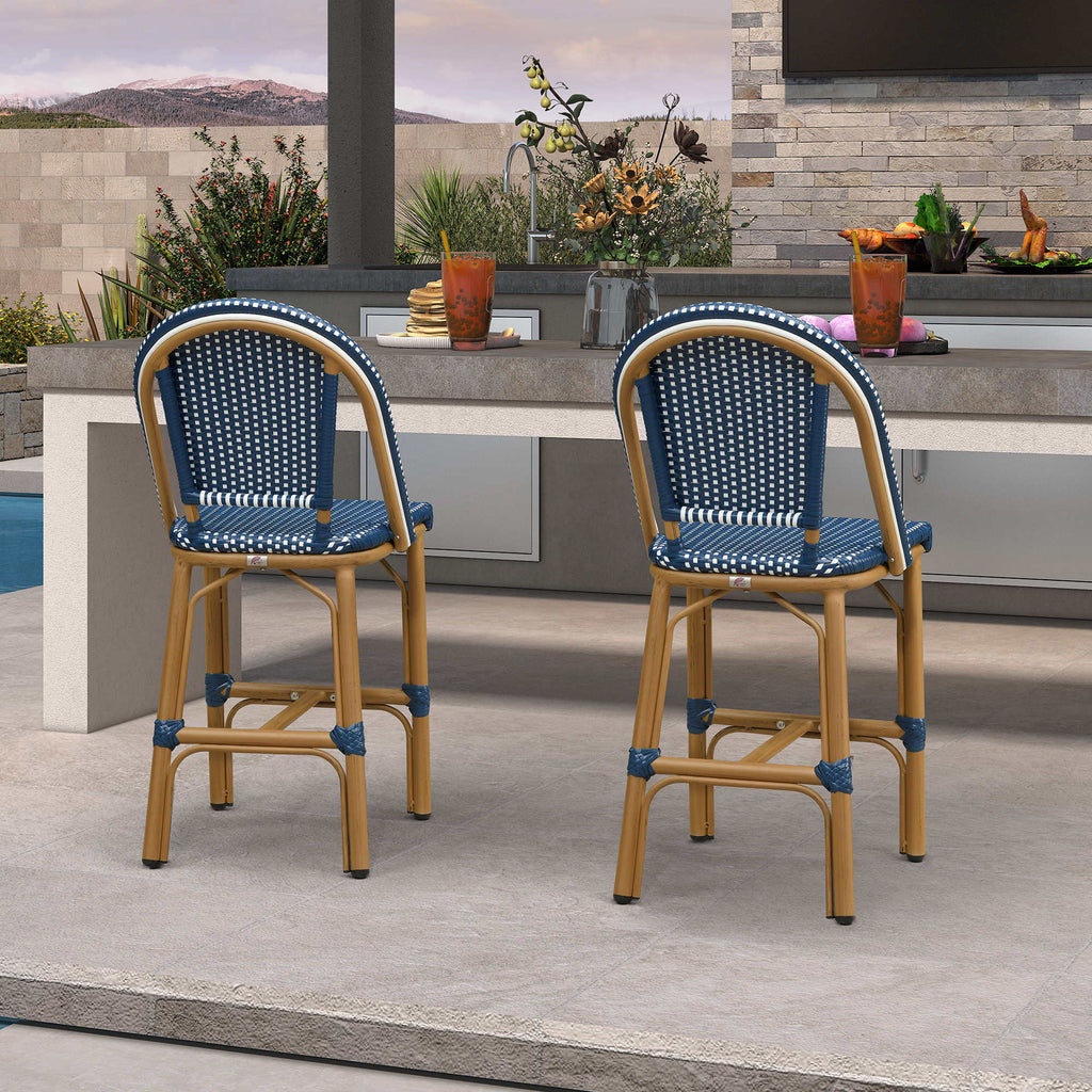 PURPLE LEAF Patio French Counter Stool Set of 2 Outdoor Backrest Barstools Aluminum Frame Woven Rattan for Indoor Kitchen Garden Balcony Restaurant
