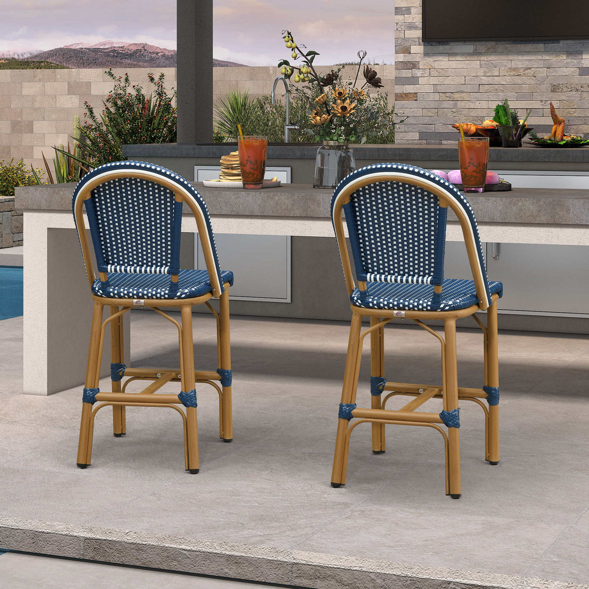 PURPLE LEAF Patio French Counter Stool Set of 2 Outdoor Backrest Barstools Aluminum Frame Woven Rattan for Indoor Kitchen Garden Balcony Restaurant