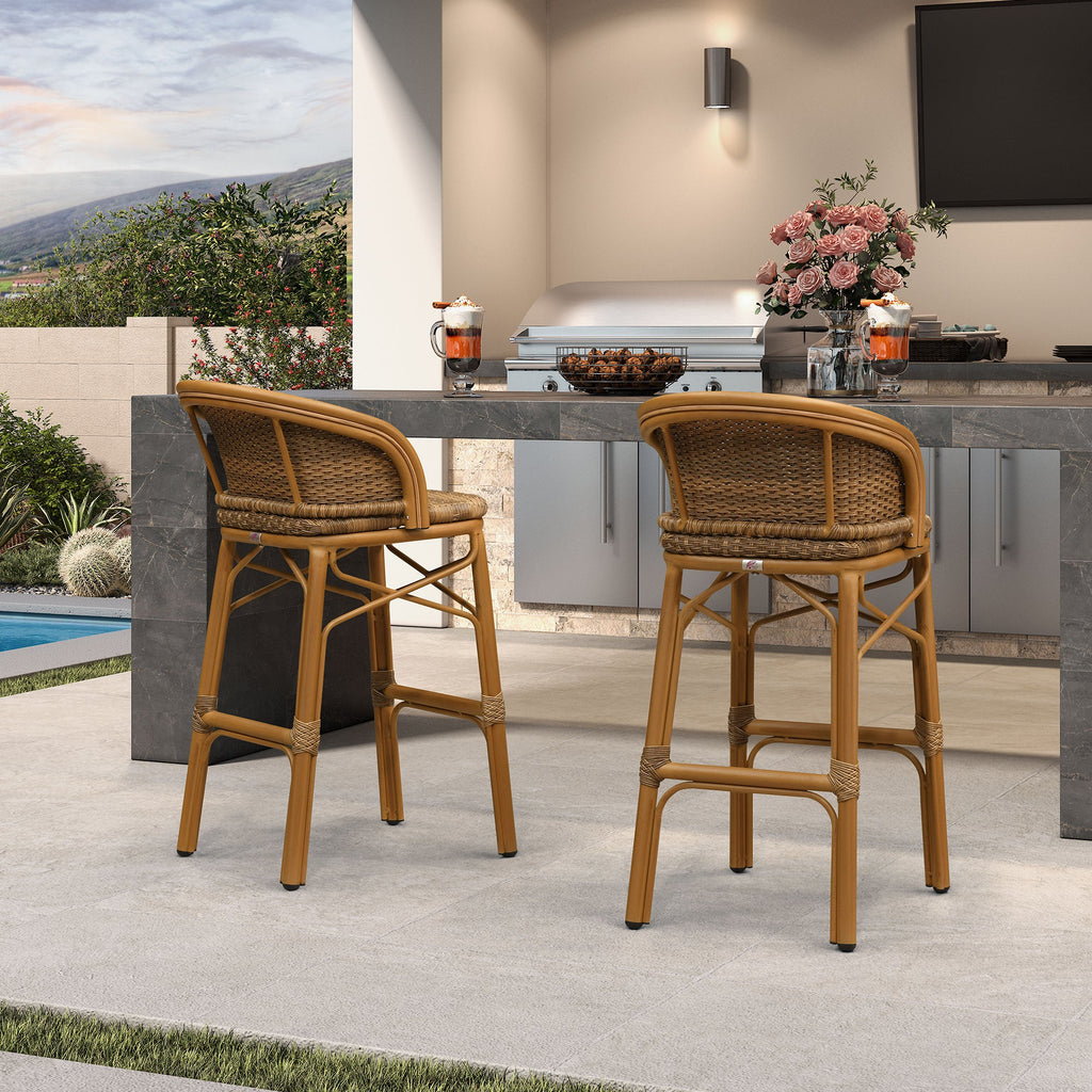 PURPLE LEAF Outdoor Bar Stools Set of 2 Rattan Patio Tall Bar Chairs Aluminum Frame with Back Barstools for Kitchen Garden Backyard Bistros Restaurant