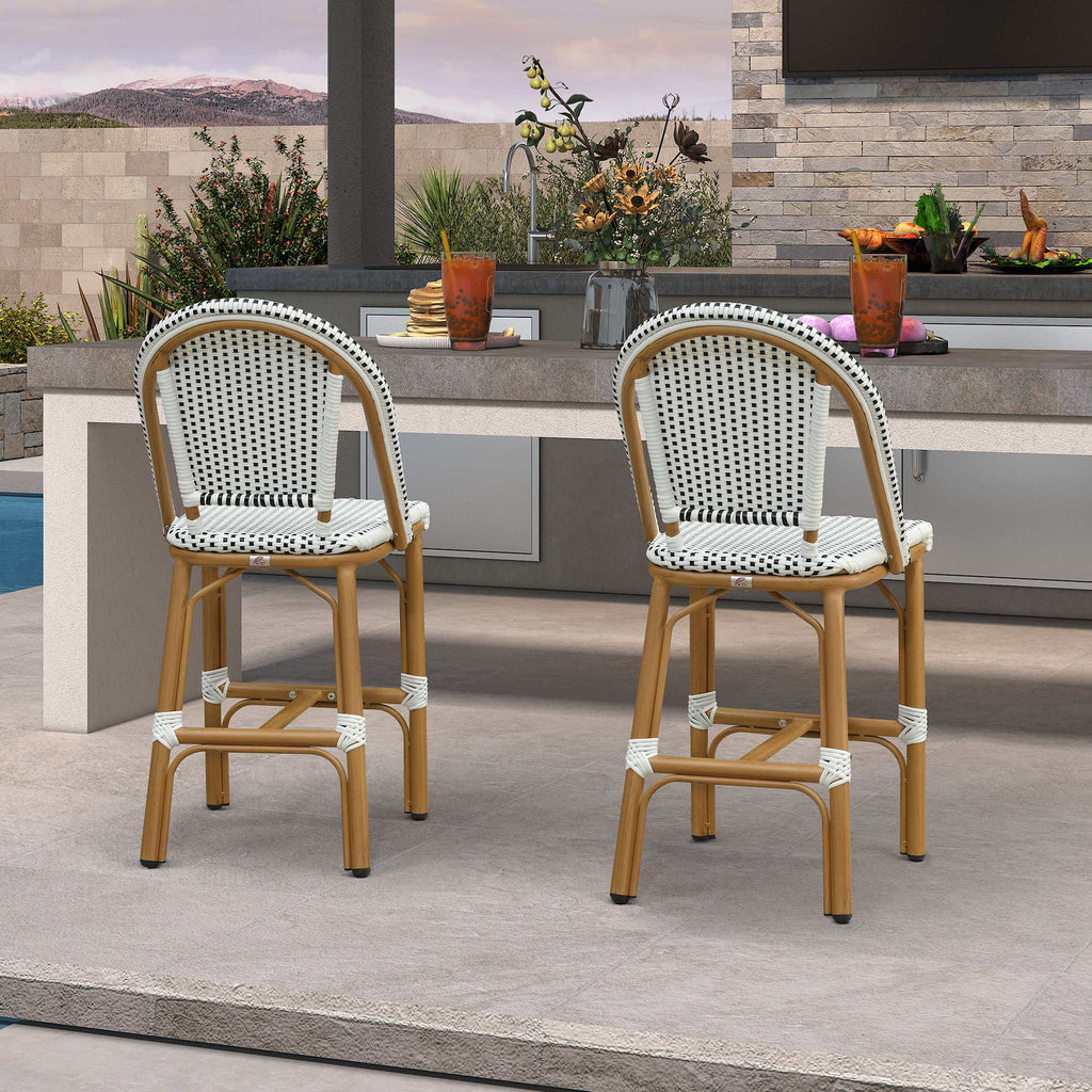 PURPLE LEAF Patio French Counter Stool Set of 2 Outdoor Backrest Barstools Aluminum Frame Woven Rattan for Indoor Kitchen Garden Balcony Restaurant