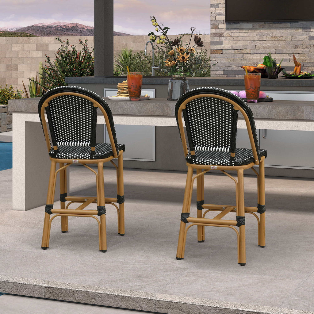 PURPLE LEAF Patio French Counter Stool Set of 2 Outdoor Backrest Barstools Aluminum Frame Woven Rattan for Indoor Kitchen Garden Balcony Restaurant