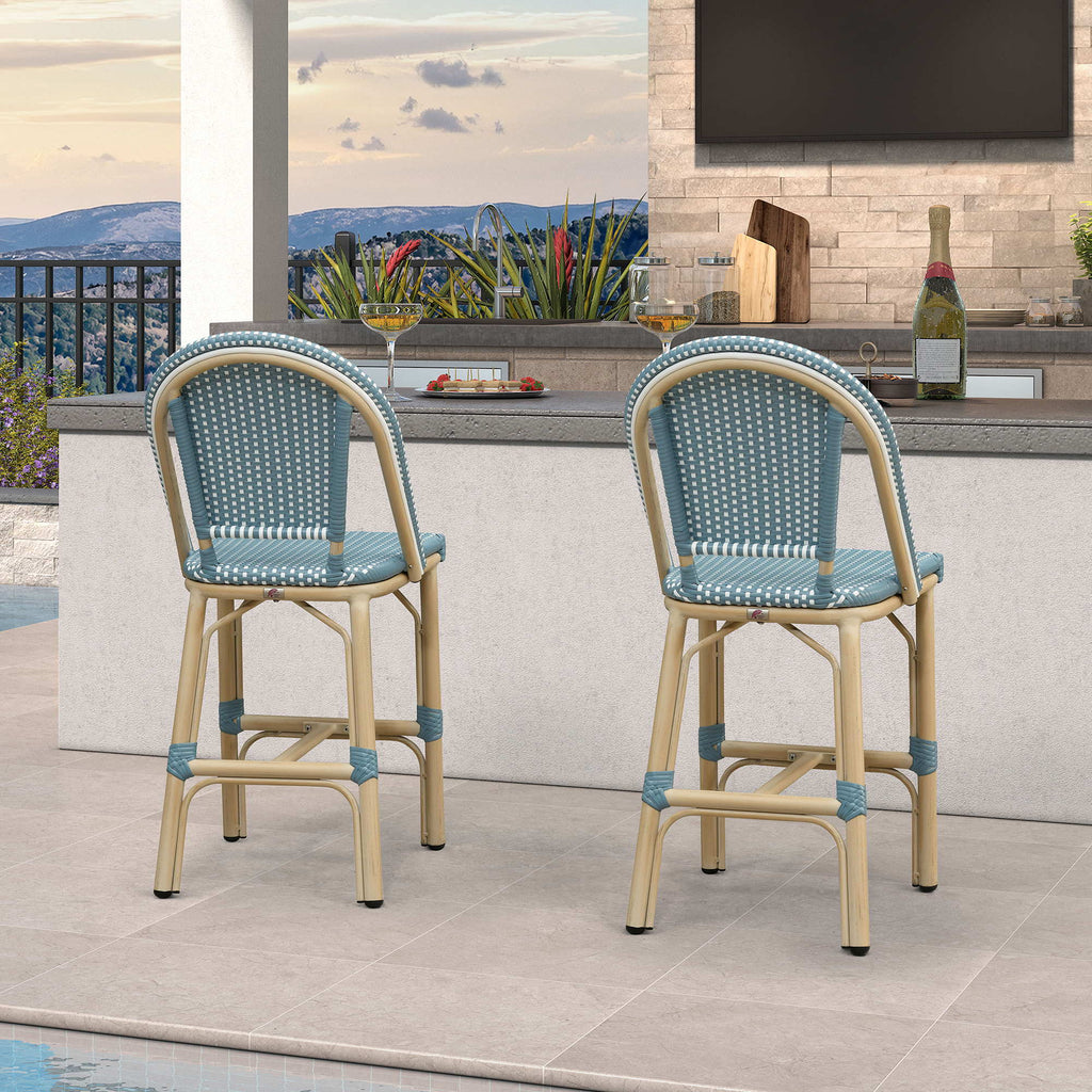 PURPLE LEAF Patio French Counter Stool Set of 2 Outdoor Backrest Barstools Aluminum Frame Woven Rattan for Indoor Kitchen Garden Balcony Restaurant