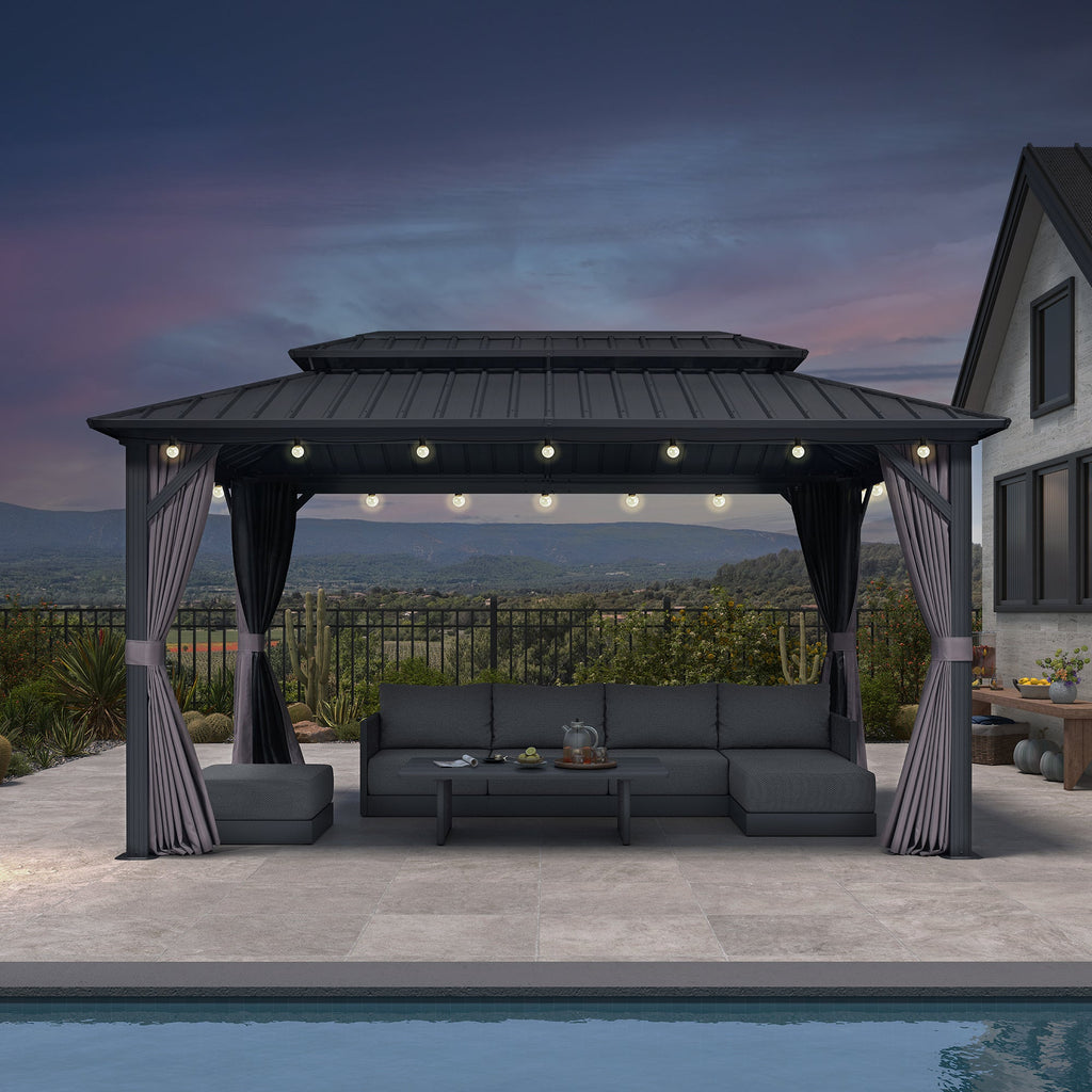PURPLE LEAF Grey Hardtop Gazebo with Heavy Duty Galvanized Steel Double Roof with String Lights-milky