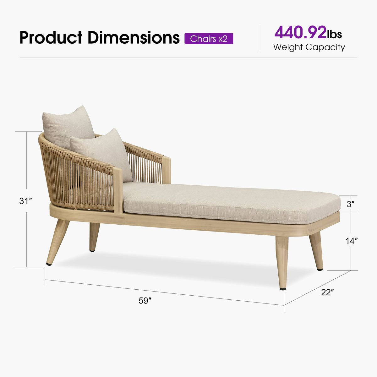 PURPLE LEAF Patio Chaise Lounge Elegant Aluminum Outdoor Lounge Chair with Pillow & Lumbar Support PE Rattan Backrest All Weather for Lawn Beach Backyard