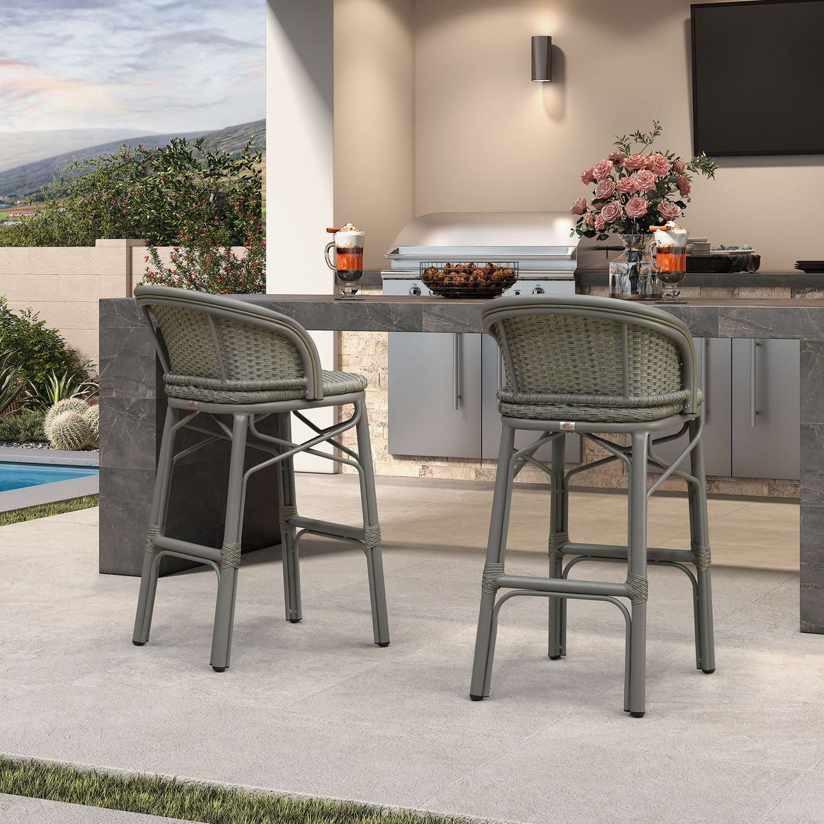 PURPLE LEAF Outdoor Bar Stools Set of 2 Rattan Patio Tall Bar Chairs Aluminum Frame with Back Barstools for Kitchen Garden Backyard Bistros Restaurant