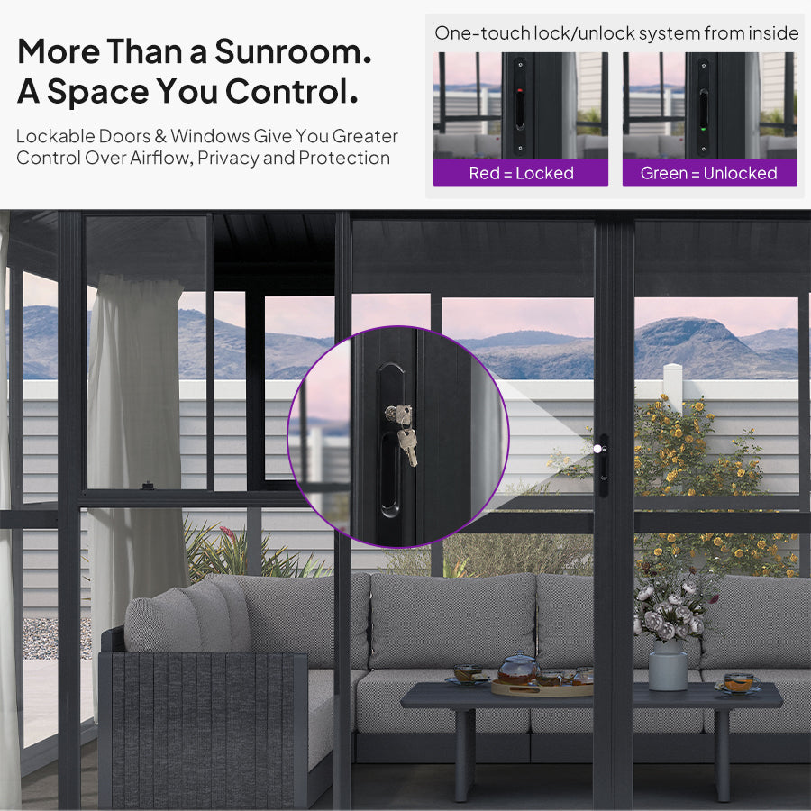 PURPLE LEAF Luxury Sunroom Solarium 360° Transparent Outdoor Living Room with Elegant Curtains Outdoor Gazebo with 4-Side Sliding Doors and Windows for Entertaining with String Lights