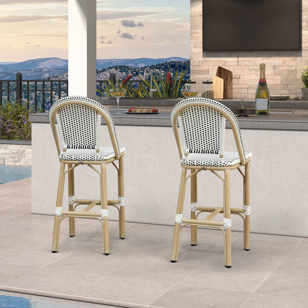 PURPLE LEAF Patio French Counter Stool Set of 2 Outdoor Backrest Barstools Aluminum Frame Woven Rattan for Indoor Kitchen Garden Balcony Restaurant