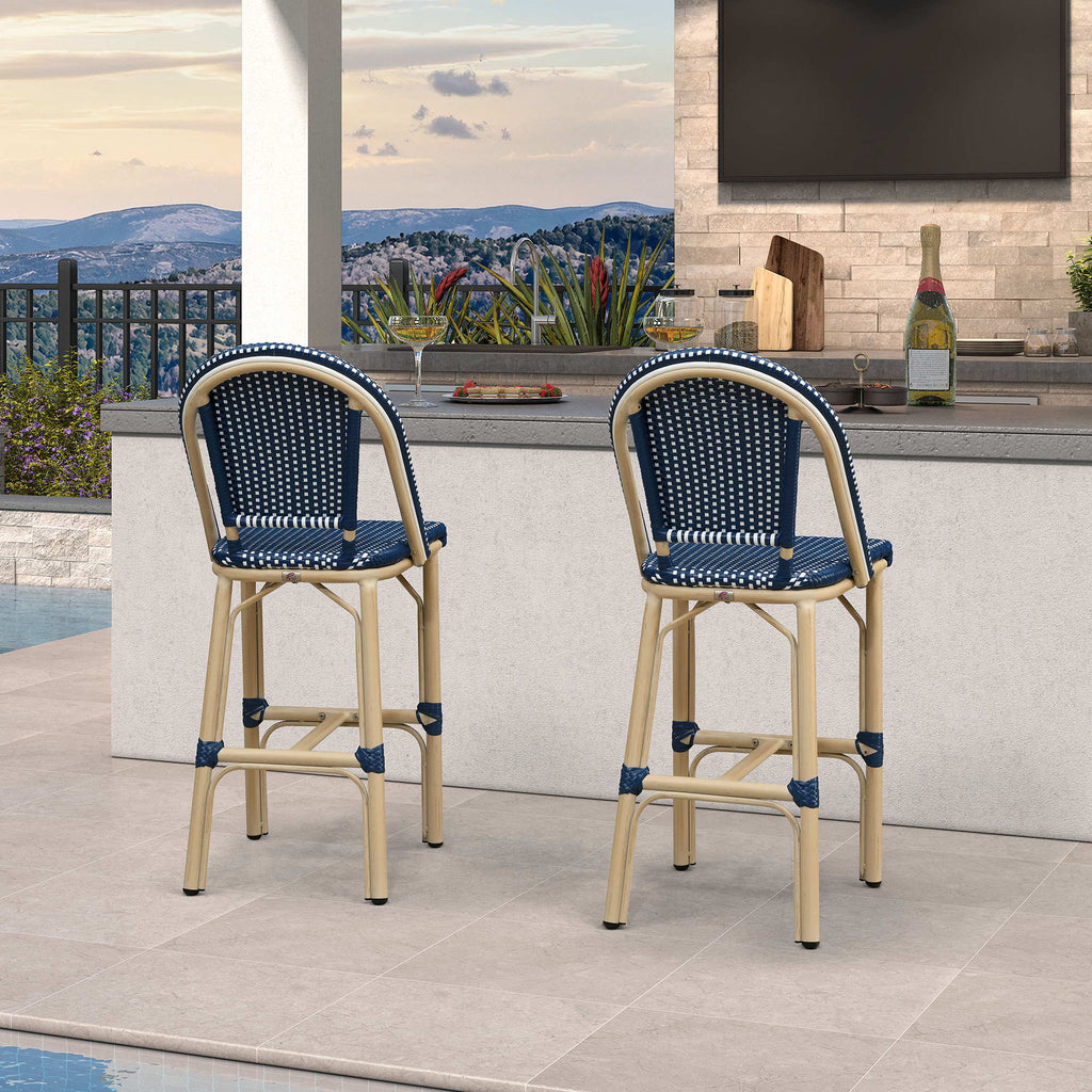 PURPLE LEAF Patio French Counter Stool Set of 2 Outdoor Backrest Barstools Aluminum Frame Woven Rattan for Indoor Kitchen Garden Balcony Restaurant
