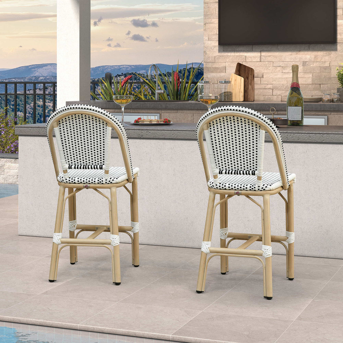 PURPLE LEAF Patio French Counter Stool Set of 2 Outdoor Backrest Barstools Aluminum Frame Woven Rattan for Indoor Kitchen Garden Balcony Restaurant