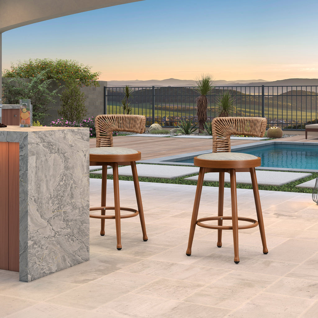 PURPLE LEAF Outdoor Swivel Bar Stools Set of 2 Metal Modern Rattan Bar Chairs with Backrest Aluminum Woven Barstools with Cushions