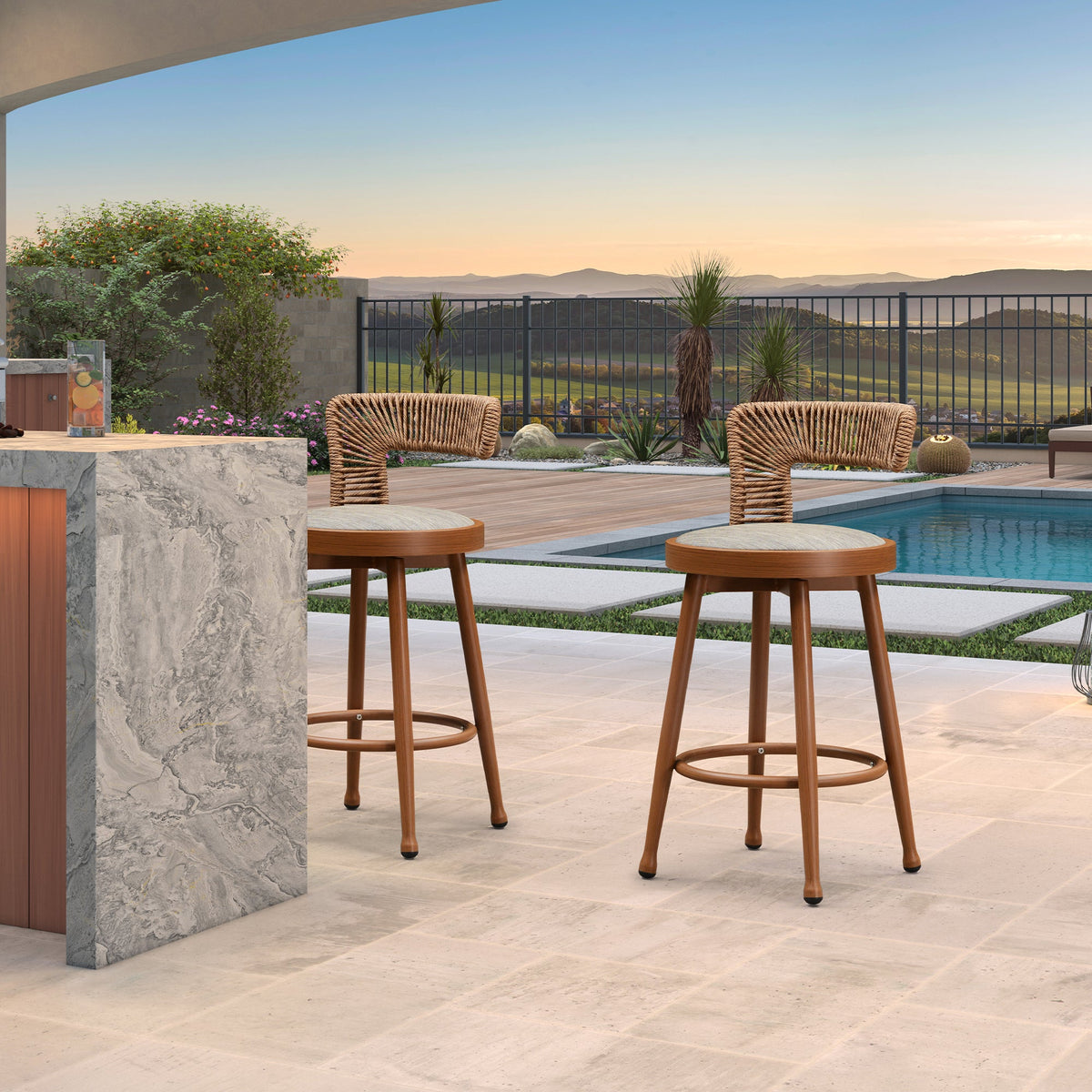 PURPLE LEAF Outdoor Swivel Bar Stools Set of 2 Metal Modern Rattan Bar Chairs with Backrest Aluminum Woven Barstools with Cushions
