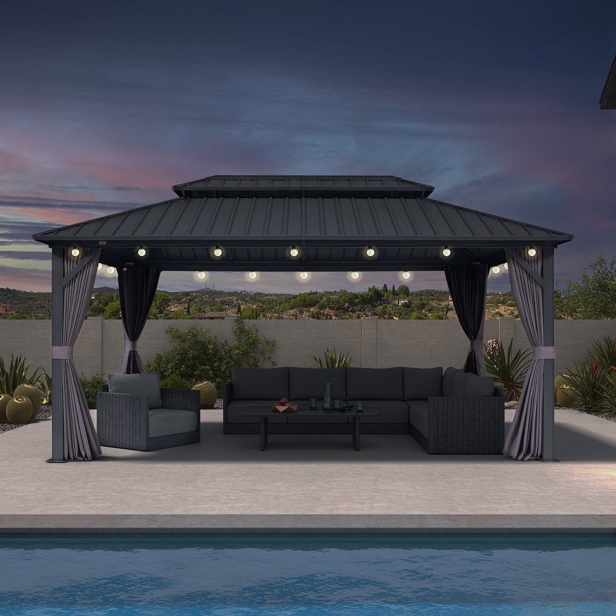 PURPLE LEAF Grey Hardtop Gazebo with Heavy Duty Galvanized Steel Double Roof with String Lights-clear