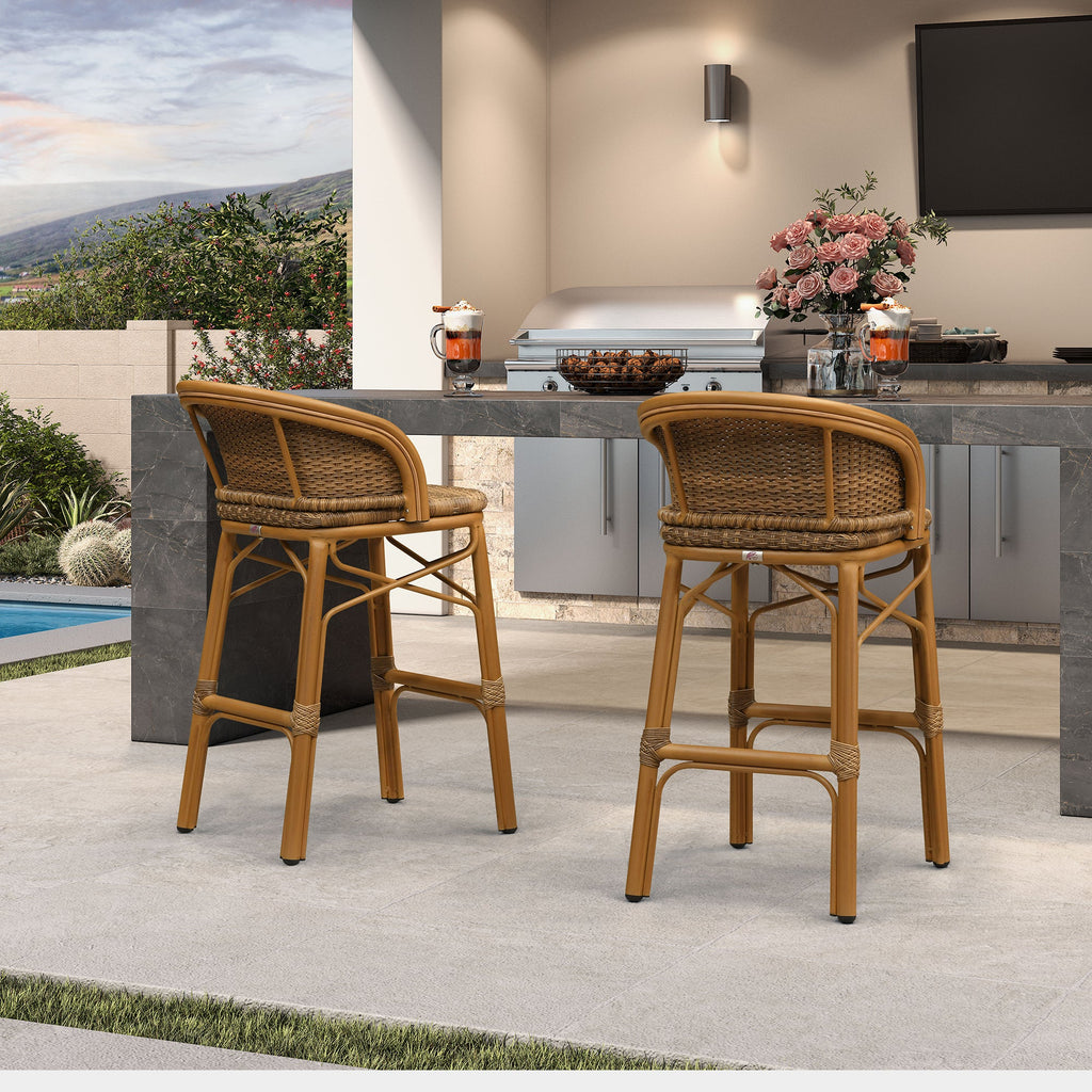 PURPLE LEAF Outdoor Bar Stools Set of 2 Rattan Patio Tall Bar Chairs Aluminum Frame with Back Barstools for Kitchen Garden Backyard Bistros Restaurant