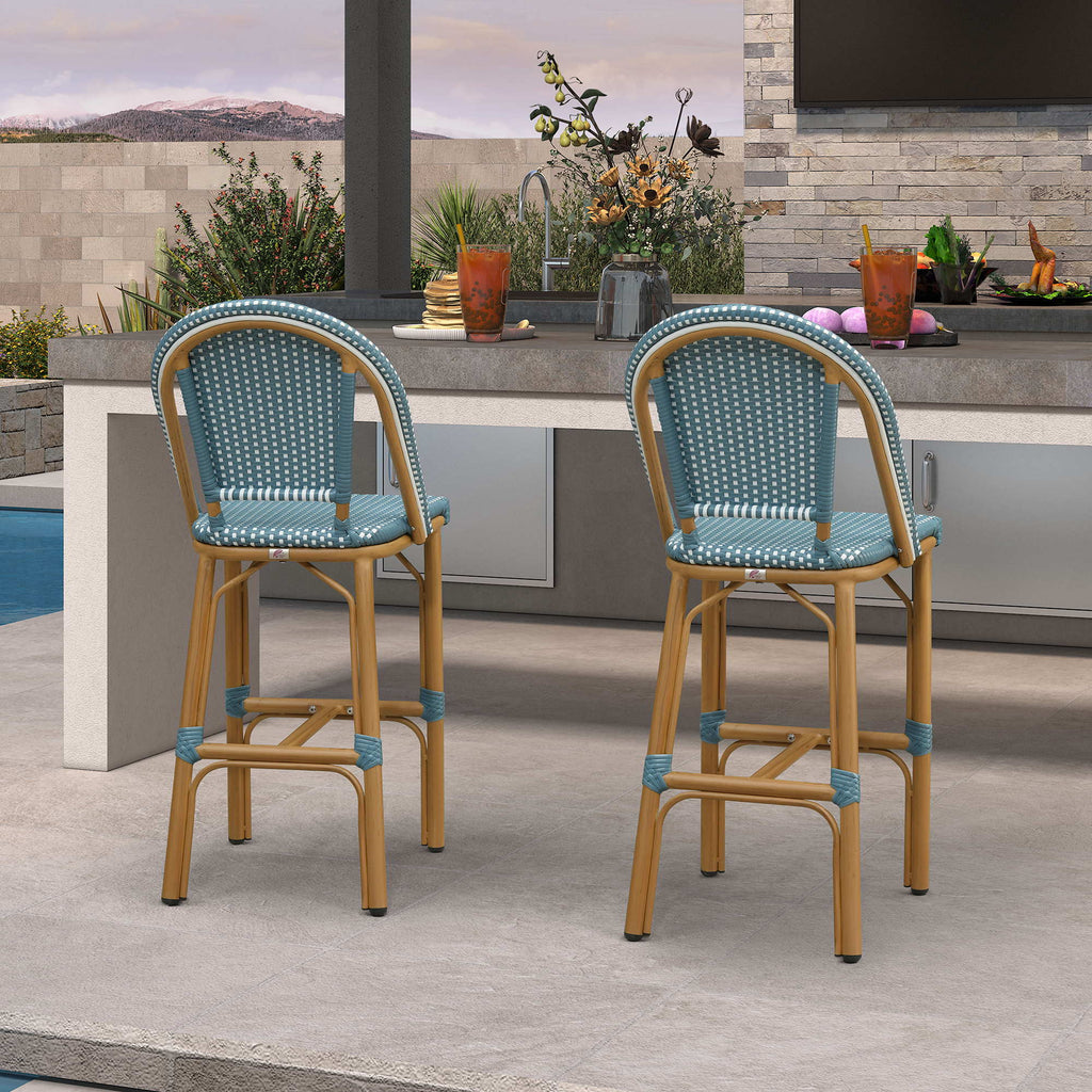 PURPLE LEAF Patio French Counter Stool Set of 2 Outdoor Backrest Barstools Aluminum Frame Woven Rattan for Indoor Kitchen Garden Balcony Restaurant