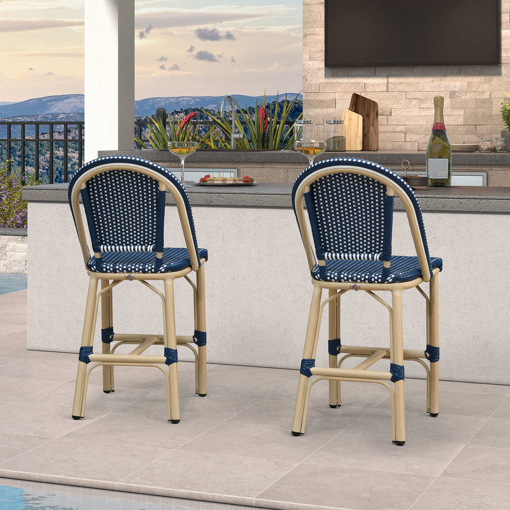PURPLE LEAF Patio French Counter Stool Set of 2 Outdoor Backrest Barstools Aluminum Frame Woven Rattan for Indoor Kitchen Garden Balcony Restaurant