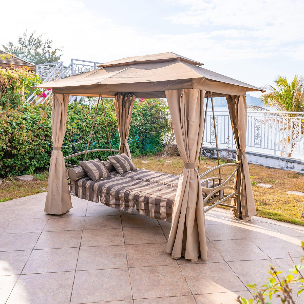PURPLE LEAF 3 Person Outdoor Patio Porch Swing Gazebo with Netting & Gazebo Curtains with Canopy Swings for Adults