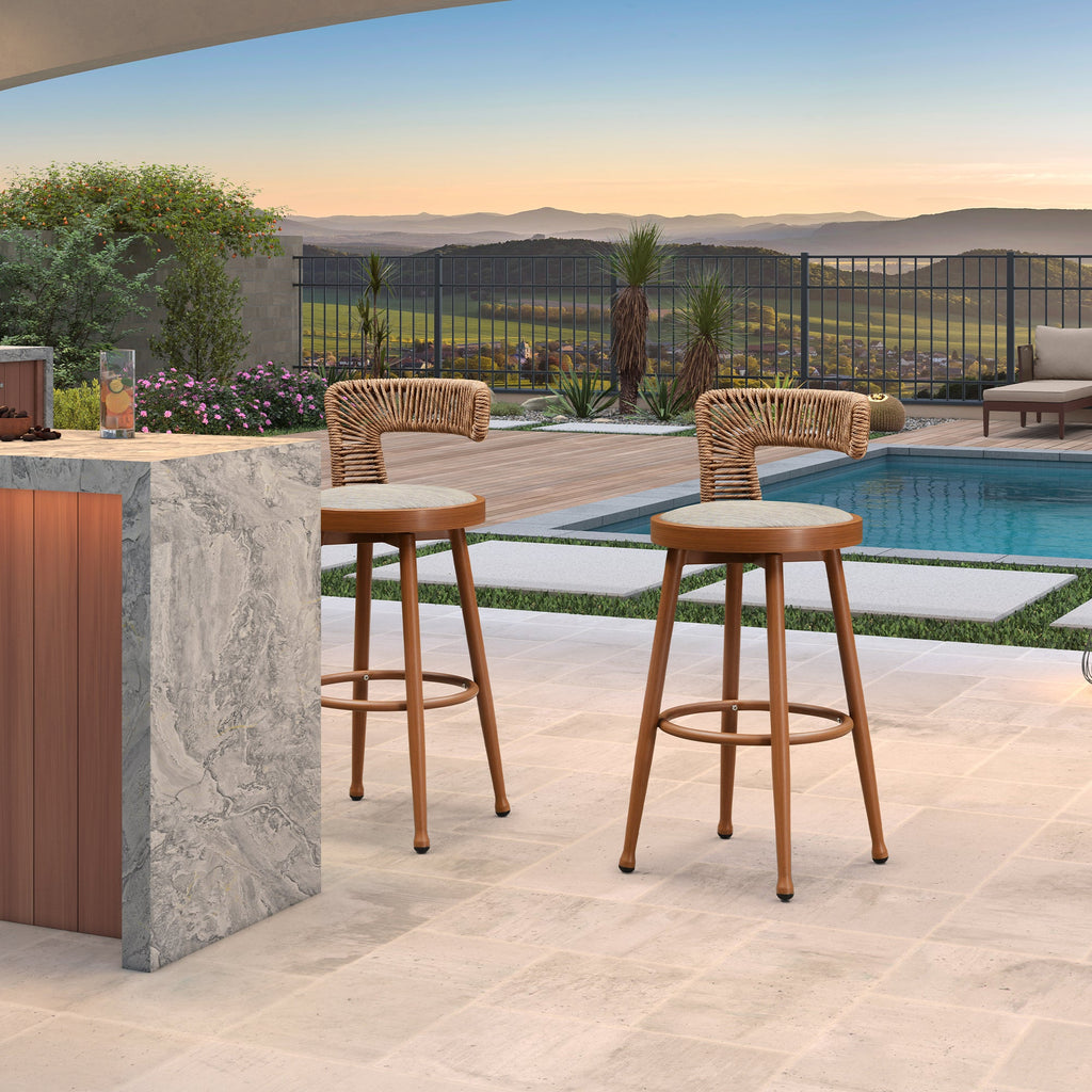 PURPLE LEAF Outdoor Swivel Bar Stools Set of 2 Metal Modern Rattan Bar Chairs with Backrest Aluminum Woven Barstools with Cushions